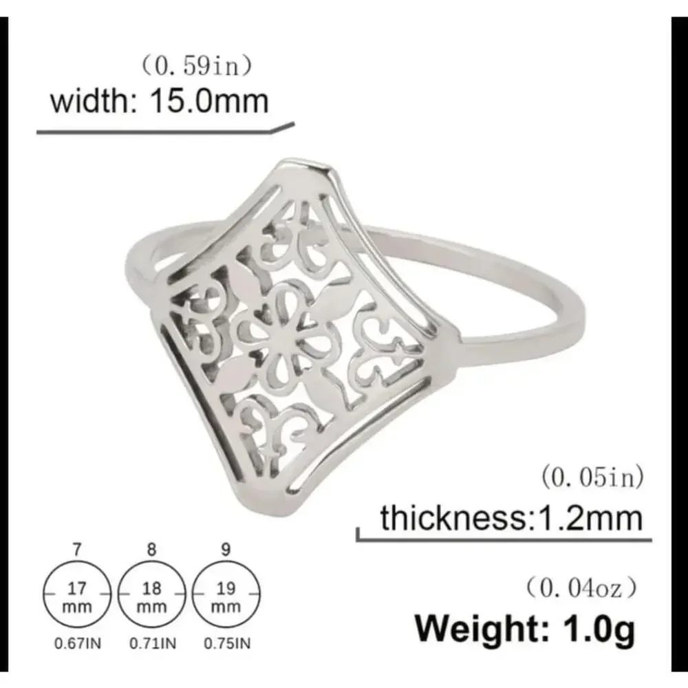 NEW 14k White Gold Plated 316L‎ Cut Out Hollow Filigree Flower Ring, Size 8